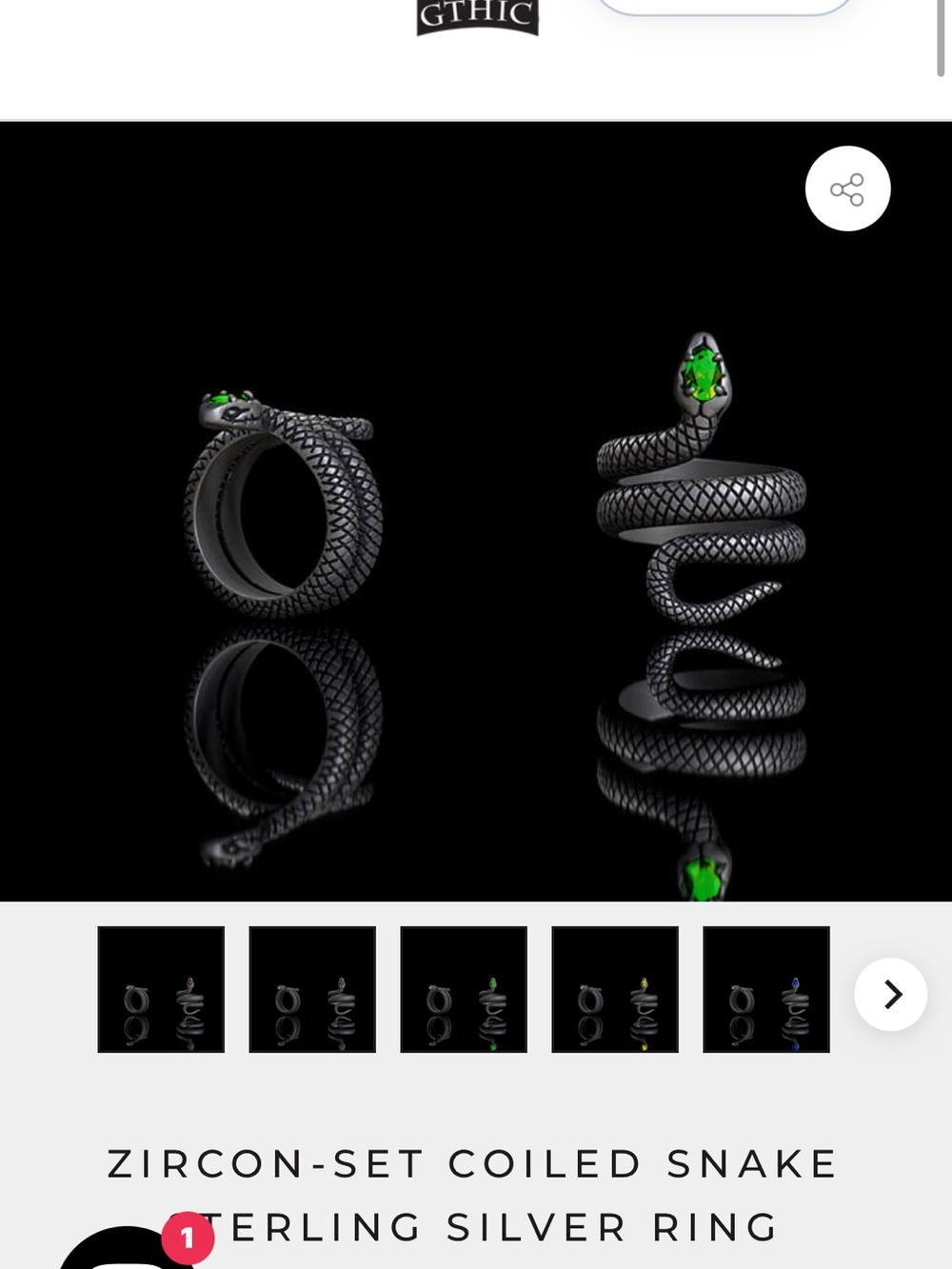 Zircon-Set Coiled Snake Sterling Silver Ring —  with Green Accents size 9